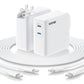 Essri MacBook Pro Charger,100W USB C Charger 2Pack with Foldable Plug,Dual 65W Ports Fast Charging for MacBook Pro Air,iPad Pro,iPhone 17/16/15,Includes 6FT+10FT USB C to C Cables - White