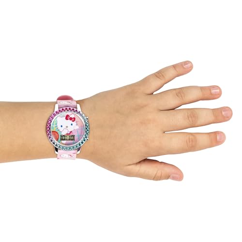 Accutime Sanrio Hello Kitty Girls' Digital LCD Quartz Watch with Pink Strap and Colorful Bezel - Fun LED Light Show - Easy to Read Time for Kids - Fits Wrist 5.5"-8"