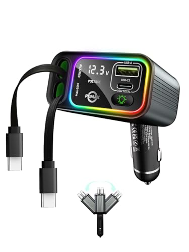 Retractable Car Charger USB C,145W Type C Car Charger Fast Charging with Dual Retractable USB C Cable and USB Ports for iPhone 17/16/15,S25/24/23/22, Pixel 9/8/7（Build-in Dual Type C Cable）