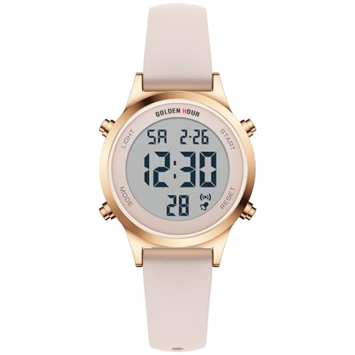 GOLDEN HOUR Waterproof Women's Digital Sports Watches with Silicone Strap, Alarm Calendar Stopwatch Chronograph 32mm Rose Gold Case
