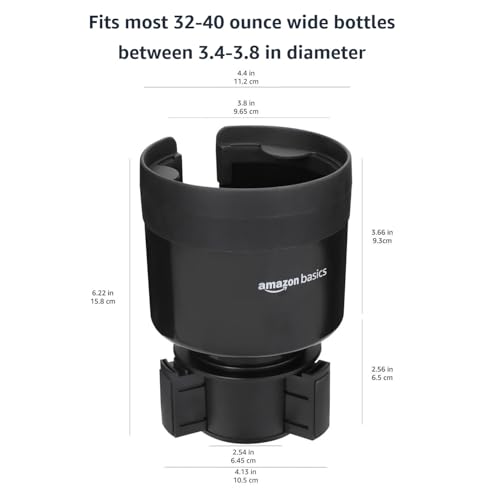 Basics Car Cup Holder Expander with Adjustable Base, Securely Holds Large Bottles 3.4 to 3.8 in Diameter, Compatible with Yeti, Hydro Flask, Easy Installation, Black