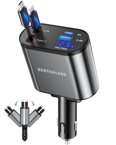 BERTHALESS Retractable Car Charger, 4 in 1 Fast Charging Car Charger with USB-C & USB-A, Compatible with iPhone 17/16/15/14/13/12/11,Galaxy,Pixel,Car Accessories Gifts for Fathers Day,Husband,Men,Dad