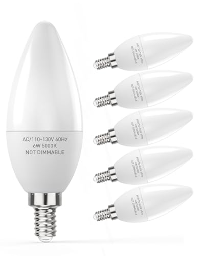 PARTPHONER E12 Base LED Light Bulbs B11 Candelabra Bulbs 60W Equivalent, Non-Dimmable 6W LED Bright Candle Small Base Chandelier Bulb 600 Lumen, 5000K Cold White for Ceiling Fan, Pack of 6