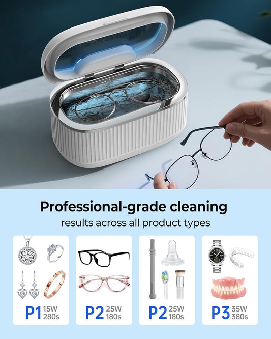 35W Ultrasonic Jewelry Cleaner, 45KHz Retainer Cleaner for Jewelry, 5 Timer & 3 Power Modes, Eyeglasses, Rings, Watch Strap, Dentures - 20oz (White)