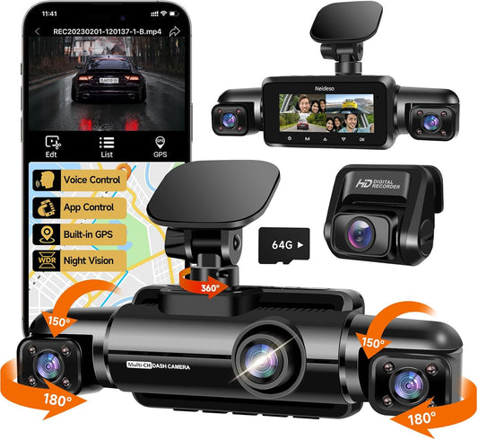 360° Dash Cam Front and Rear Inside, 4 Channel FHD 4 * 1080P, Wi-Fi GPS Voice Control Car Camera, Front 2K+1080P*2 Dash Camera for Cars