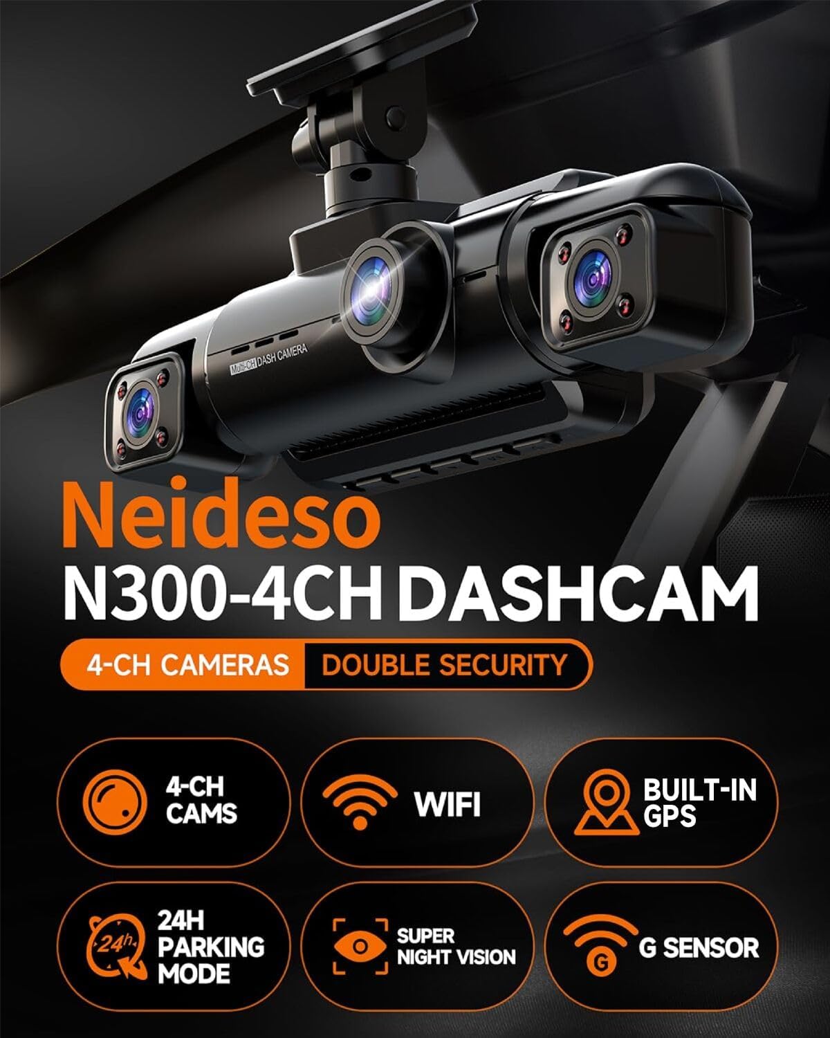 360° Dash Cam Front and Rear Inside, 4 Channel FHD 4 * 1080P, Wi-Fi GPS Voice Control Car Camera, Front 2K+1080P*2 Dash Camera for Cars