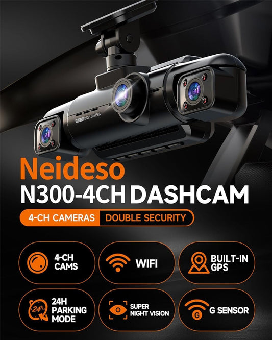 360° Dash Cam Front and Rear Inside, 4 Channel FHD 4 * 1080P, Wi-Fi GPS Voice Control Car Camera, Front 2K+1080P*2 Dash Camera for Cars