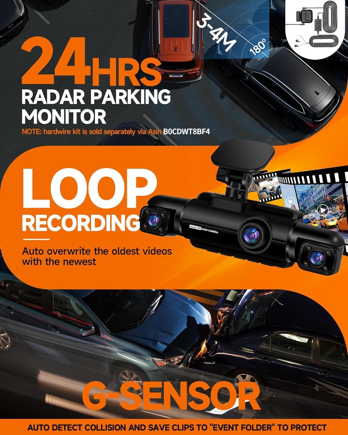 360° Dash Cam Front and Rear Inside, 4 Channel FHD 4 * 1080P, Wi-Fi GPS Voice Control Car Camera, Front 2K+1080P*2 Dash Camera for Cars