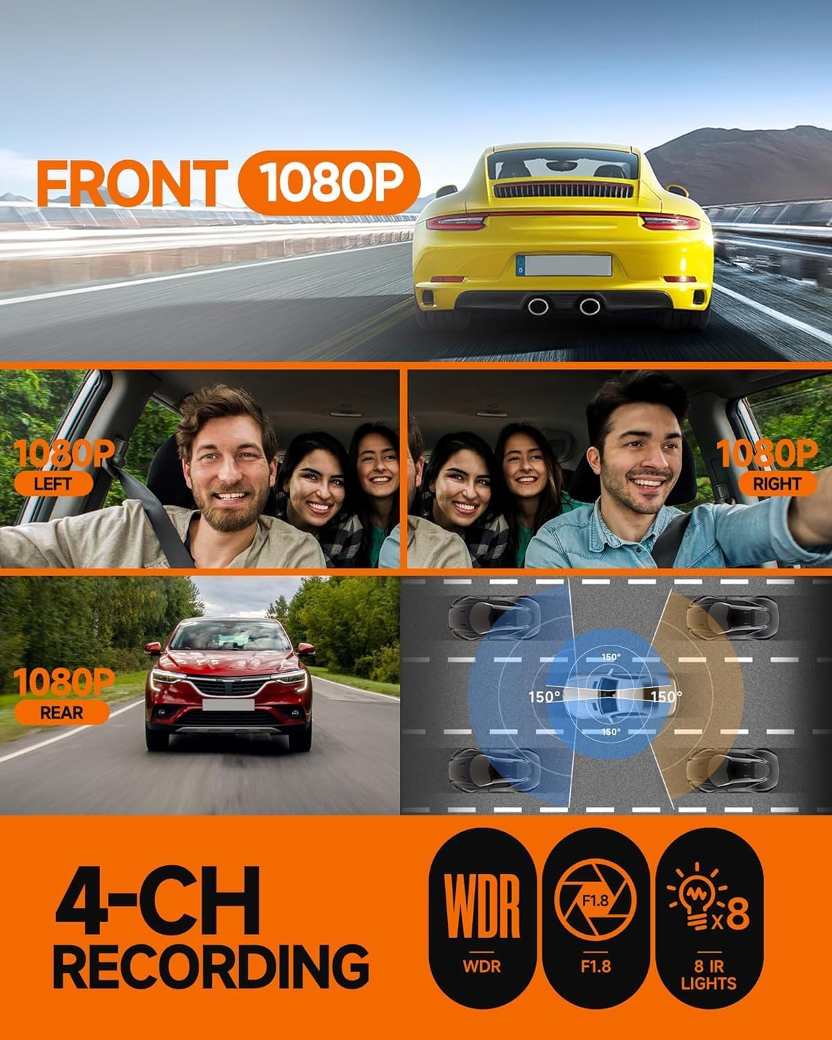360° Dash Cam Front and Rear Inside, 4 Channel FHD 4 * 1080P, Wi-Fi GPS Voice Control Car Camera, Front 2K+1080P*2 Dash Camera for Cars