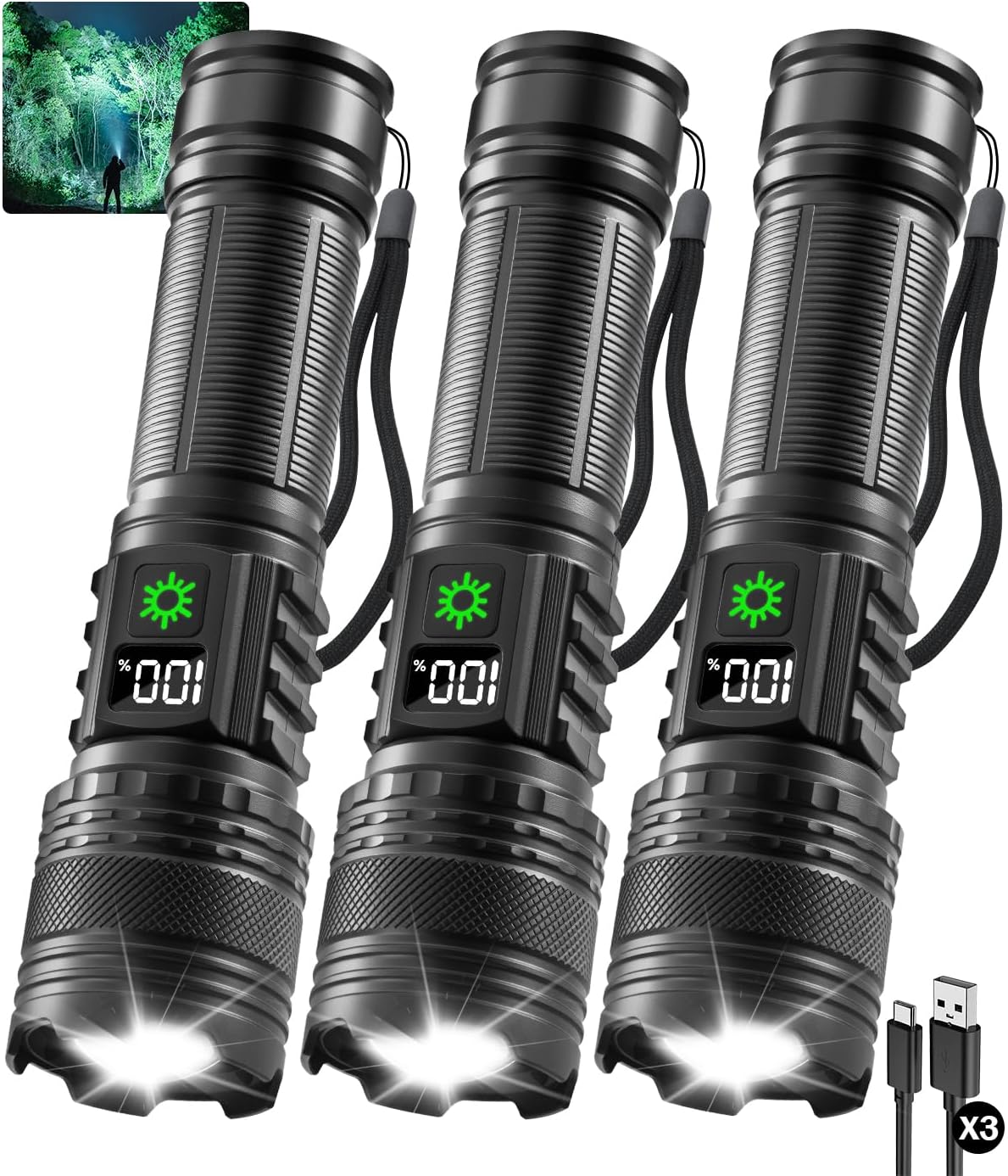 3Pack Rechargeable Flashlights High Lumens 9900FL, LED Flashlight Rechargeable with LCD Digital Display, 5Modes Adjustable Flash Light