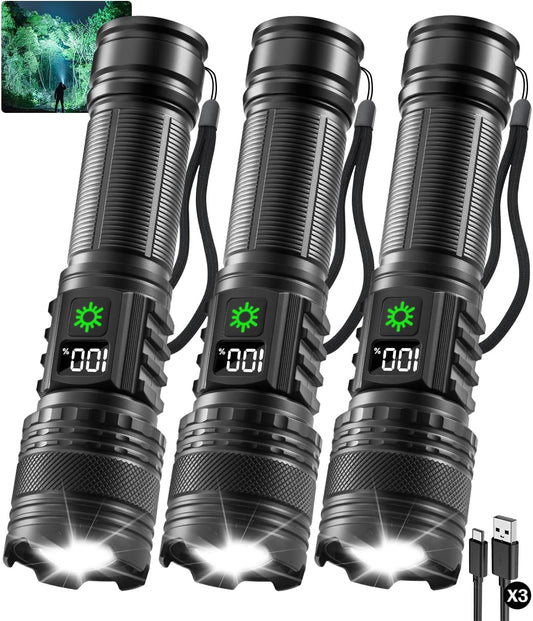 3Pack Rechargeable Flashlights High Lumens 9900FL, LED Flashlight Rechargeable with LCD Digital Display, 5Modes Adjustable Flash Light