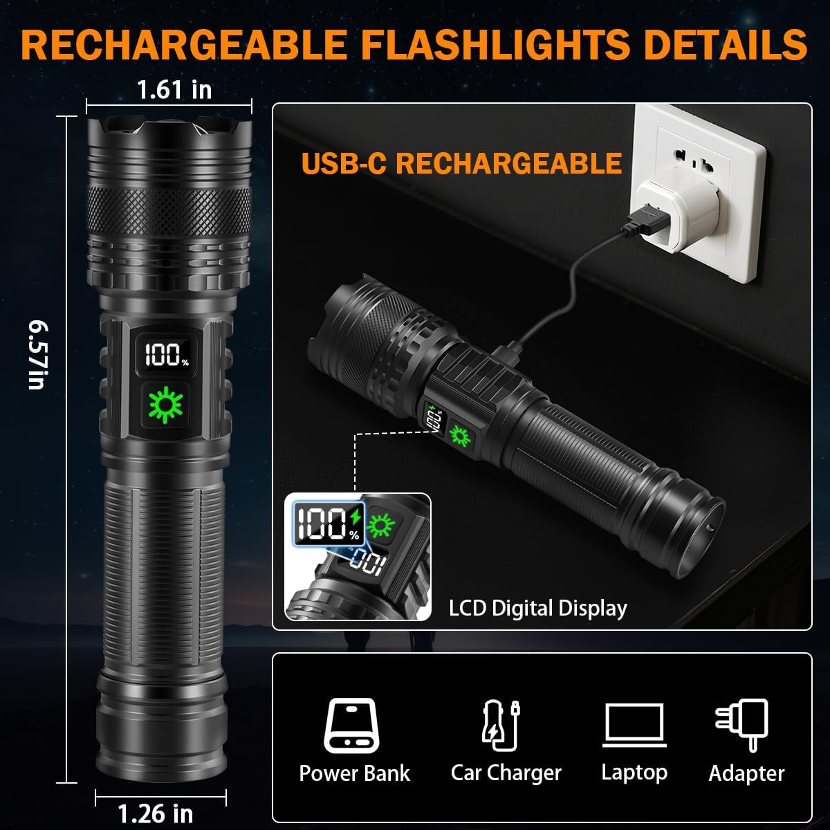 3Pack Rechargeable Flashlights High Lumens 9900FL, LED Flashlight Rechargeable with LCD Digital Display, 5Modes Adjustable Flash Light