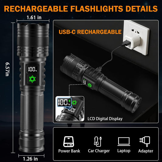 3Pack Rechargeable Flashlights High Lumens 9900FL, LED Flashlight Rechargeable with LCD Digital Display, 5Modes Adjustable Flash Light