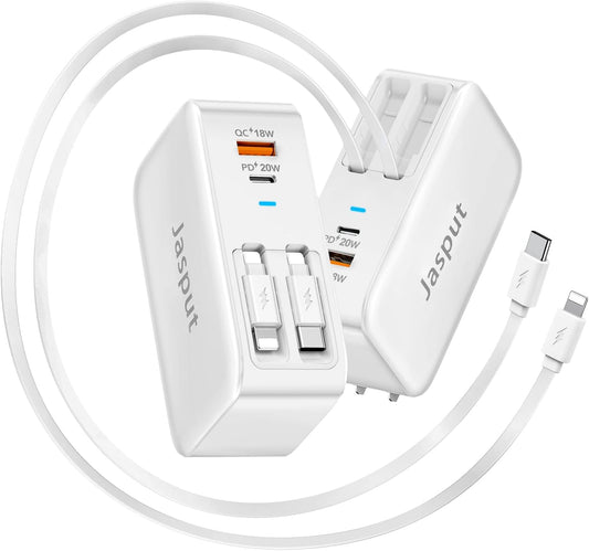 4 in 1 Retractable Wall Charger with Dual Cables,40W Retractable Phone Charger Wall Plug with Dual USB Ports,20W USB C Chargers Block Fast Charging