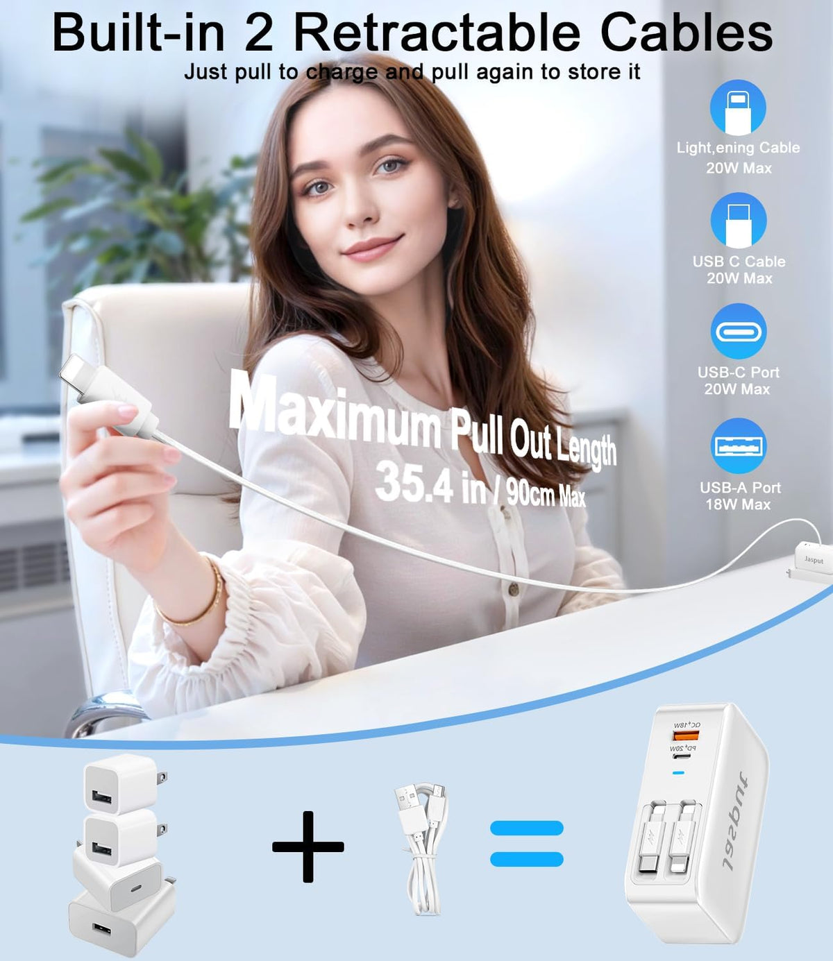 4 in 1 Retractable Wall Charger with Dual Cables,40W Retractable Phone Charger Wall Plug with Dual USB Ports,20W USB C Chargers Block Fast Charging