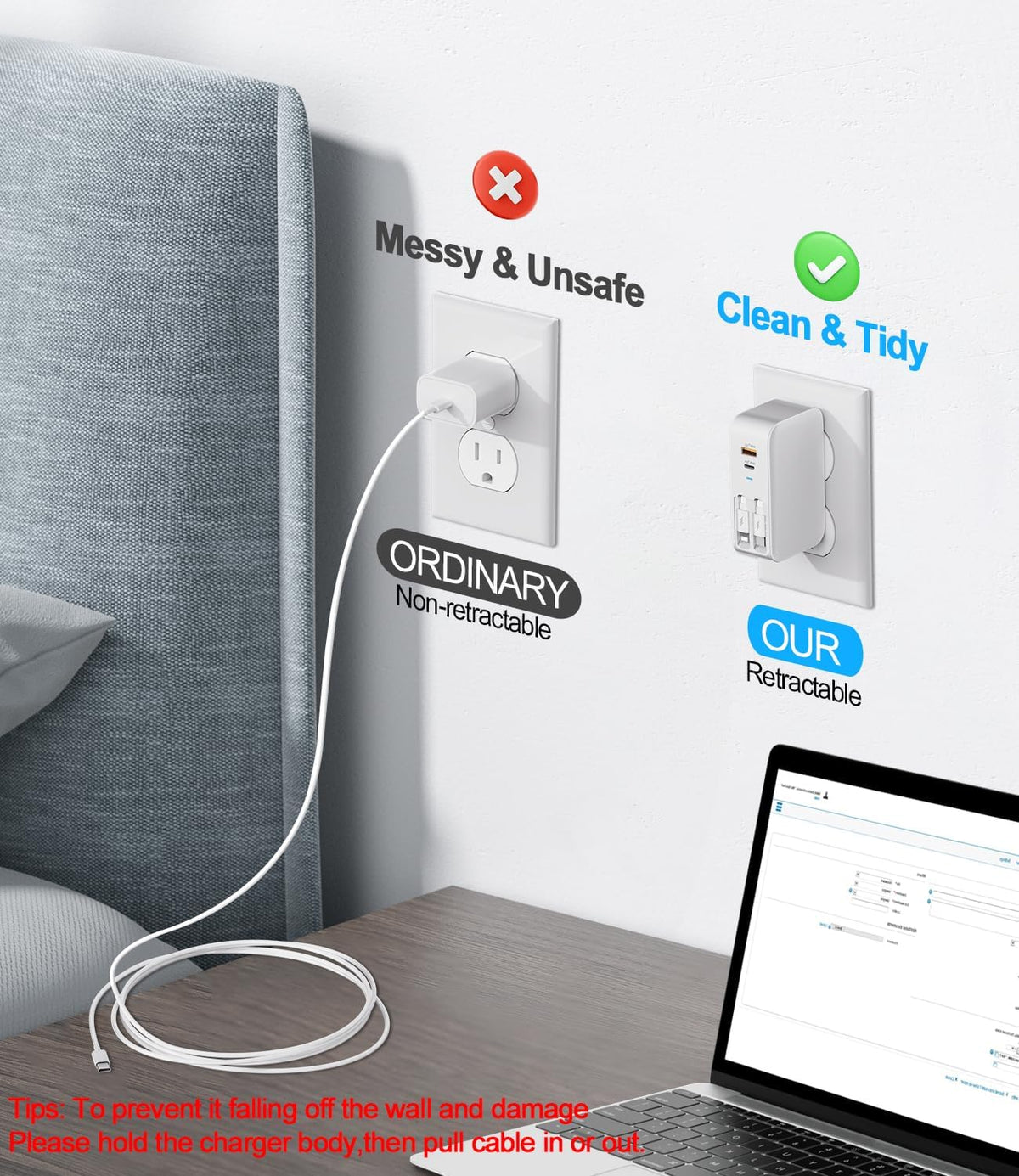 4 in 1 Retractable Wall Charger with Dual Cables,40W Retractable Phone Charger Wall Plug with Dual USB Ports,20W USB C Chargers Block Fast Charging