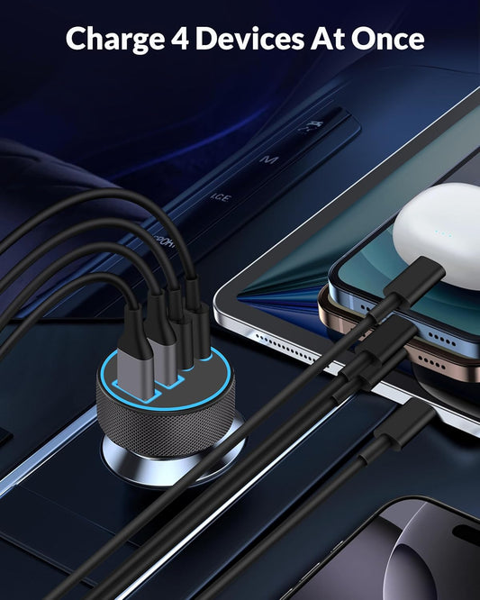 4 in 1, USB C Car Charger, 4-Port 90W Super Fast Charging Cigarette Lighter Adapter, Dual 45W USBC & USB-A Multiport Car Phone Charger Accessories