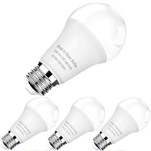 4-Pack Dusk to Dawn LED Light Bulbs, 75W Equivalent, Daylight 5000K 1,100LM, Automatic On/Off Outdoor Light, E26 A19 10W Bright Porch Light Bulbs