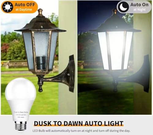 4-Pack Dusk to Dawn LED Light Bulbs, 75W Equivalent, Daylight 5000K 1,100LM, Automatic On/Off Outdoor Light, E26 A19 10W Bright Porch Light Bulbs