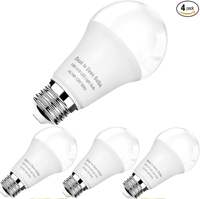 4-Pack Dusk to Dawn LED Light Bulbs, 75W Equivalent, Daylight 5000K 1,100LM, Automatic On/Off Outdoor Light, E26 A19 10W Bright Porch Light Bulbs