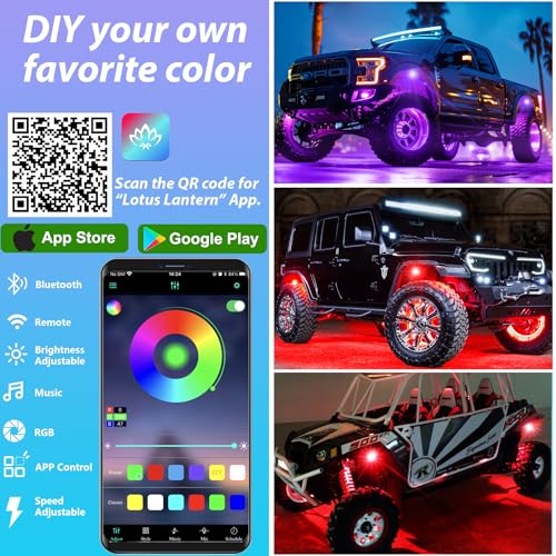 4 Pods RGB LED Rock Lights, Underglow Multicolor Neon Light Kit, Wheel Well Light with APP Control & Music Mode, Under Glow Lights for Trucks, Jeep