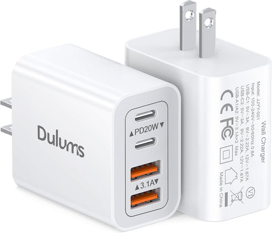40W USB C Charger Cube, 2-Pack Wall Plug Fast Charging Block, 4-Port PD+QC Power Adapter Multiport Brick Type C Box