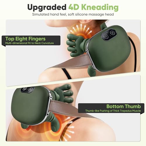Shoulder and Neck Massager, Bionic Heated Massager, Neck Massager with Fingers, 4D Kneading Massage, Simulates a Real Palm Massage for Comfort, Relax Muscle Tension (Green)