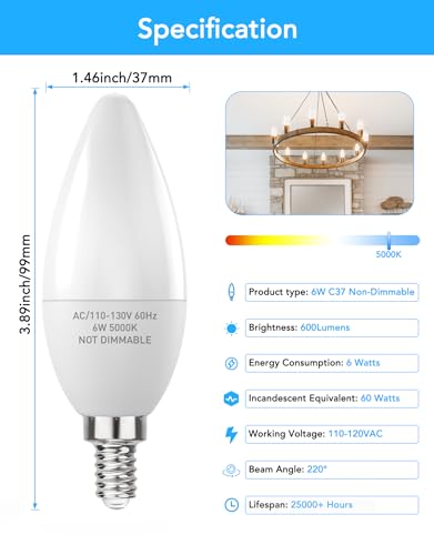 PARTPHONER E12 Base LED Light Bulbs B11 Candelabra Bulbs 60W Equivalent, Non-Dimmable 6W LED Bright Candle Small Base Chandelier Bulb 600 Lumen, 5000K Cold White for Ceiling Fan, Pack of 6