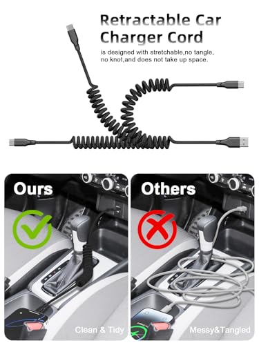 Quickeep Car Carplay Cable 2Pack 3ft Coiled USB A to USB C Fast Charge Cord for iPhone 17/16/15/Plus/Pro Max/MacBook Pro, Auto Coiled Retractable iPhone Car Cord