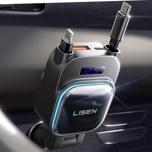LISEN 96W 4 in 1 Retractable Car Charger with USB C & Lightning Cable for iPhone 17 Pro Max 16 15 14 13 12, Samsung Galaxy S25 S24, Android - Fast Charging Cigarette Lighter Adapter