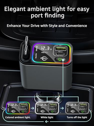 Retractable Car Charger USB C,145W Type C Car Charger Fast Charging with Dual Retractable USB C Cable and USB Ports for iPhone 17/16/15,S25/24/23/22, Pixel 9/8/7（Build-in Dual Type C Cable）