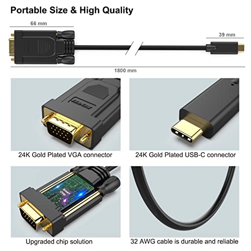 BENFEI USB-C to VGA Cable – 6 Feet, Thunderbolt 3/4 Compatible, for MacBook, iPad, iPhone 15, Surface, XPS & More