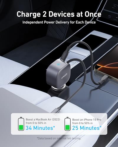 Anker Retractable USB-C Car Charger, 75W Max Fast Charging with Built-in Retractable Cable Car Adapter, Car Accessories for iPhone 17/16 Series, Galaxy S25/S24, MacBook Pro/Air, iPad, and More