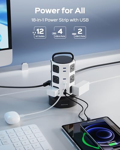 Power Strip Tower JACKYLED Surge Protector Electric Charging Station with 13A 12 Outlets 6 USB Ports Heavy Duty Extension Cord for Home Office Computer Nightstand Laptop Phone White Black
