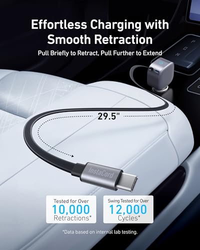 Anker Retractable USB-C Car Charger, 75W Max Fast Charging with Built-in Retractable Cable Car Adapter, Car Accessories for iPhone 17/16 Series, Galaxy S25/S24, MacBook Pro/Air, iPad, and More