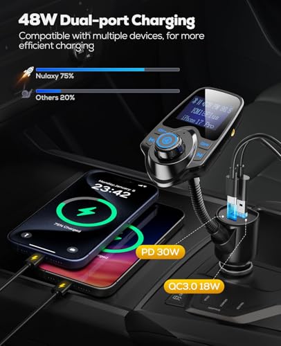 Nulaxy 2026 KM18 Upgraded 48W Bluetooth 5.4 Car FM Transmitter, Fast Charging PD30W+QC3.0 18W, 1.44" Screen Flexible Gooseneck, Radio Adapter for Hands-Free Call & Music via BT/FM/AUX/TF, Cars Trucks