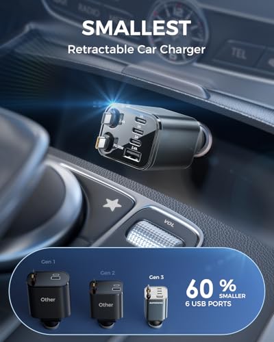 SUPERONE Retractable Car Charger, [Ultra-Compact] 6-Port Car Charger USB C, iPhone Car Chargers Fast Charging with Dual USB C Cables, RV Power Adapter for iPhone 17/16/15/14/13/12 Series