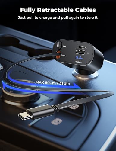 SUPERONE Retractable Car Charger for iPhone with Dual Type C Cables, 4 in 1 USB C Car Charger Adapter with 69W Fast Charging Compatible with iPhone 17 16 15 14 13 12 11 Pro/XS/XR/SE/iPad/Airpods