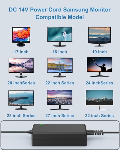 for Samsung Monitor Power Cord DC 14V 4A for Samsung SyncMaster 32” 27" 24" 22" 23" 20" 19" 18" 17" 15” Screen LED LCD TFT Monitor TV Power Supply Cord