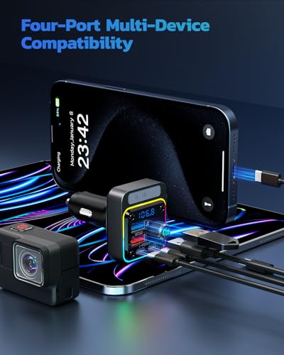 Nulaxy 54W Bluetooth 5.3 Car Adapter Charger 4-Port Fast Charging [PD36W & QC3.0 18W], Wireless Radio FM Transmitter with Deep Bass Player, 5 Colors LED Backlit, Hands-Free Calling, Support USB Drive