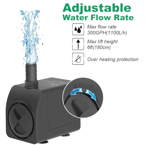 Knifel Submersible Pump 300GPH Ultra Quiet with Over Heating Protection 6ft High Lift for Fountains, Hydroponics, Ponds, Aquariums & More…