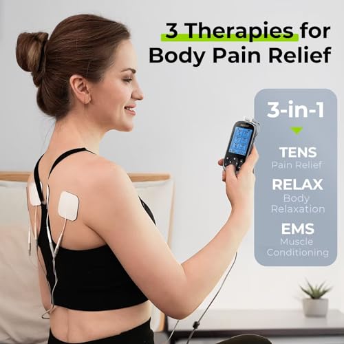 AUVON 3-in-1 TENS & EMS Muscle Stimulator, 40 Intensity Levels, 24 Modes Rechargeable Electronic Pulse Massager with 12 Pads