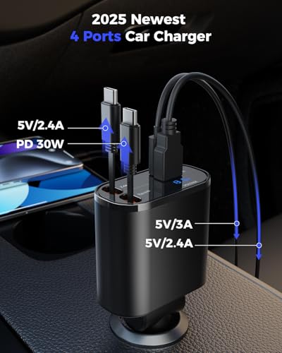 SUPERONE Retractable Car Charger for iPhone with Dual Type C Cables, 4 in 1 USB C Car Charger Adapter with 69W Fast Charging Compatible with iPhone 17 16 15 14 13 12 11 Pro/XS/XR/SE/iPad/Airpods