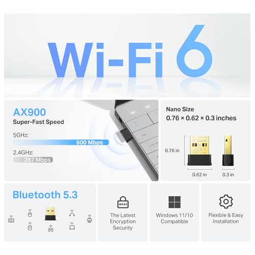 TP-Link 2-in-1 USB Bluetooth WiFi Adapter Archer TX10UB Nano | AX900 WiFi 6 BT 5.3 USB 2.0 Adapter for Desktop PC | Dual-Band WiFi Dongle | OFDMA, MU-MIMO, WPA3 | Travel Size | Supports Windows 11,10