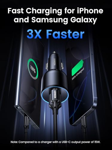 UGREEN 130W USB C Car Charger, PD 100W +PD 30W Type C Car Charger Adapter Compatible with iPhone 17/17 Air/17 Pro/17 Pro Max/16/15/14/13/12 Series, Galaxy S24 S23 Ultra, iPad, MacBook, and More