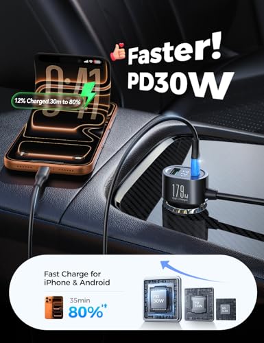 [2026 Upgraded] 7 in 1 Cigarette Lighter Adapter, JOYROOM 179W Car Charger Adapter with PD30W Charge(3.3FT Cable), 24V/ 12V Cigarette Lighter Splitter with Independent Switches & LED Voltage Display