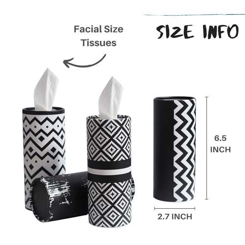 Winoo Design Small Car Tissues Holder - 4PK Modern Black Plastic & Resin Facial Tissues Cylinder - Fits Most Car Cup Holders - Travel Tissue Tubes Box Container