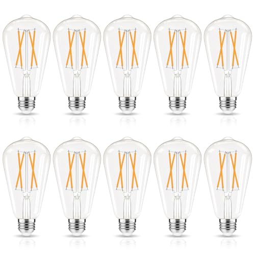 LED Edison Bulbs Dimmable, E26 Bulb 60 watt Equivalent, Soft White 2700K, ST58 Vintage Light Bulbs, 90+ CRI, 6W 600LM, E26 Medium Base, Clear Glass, 10 Pack