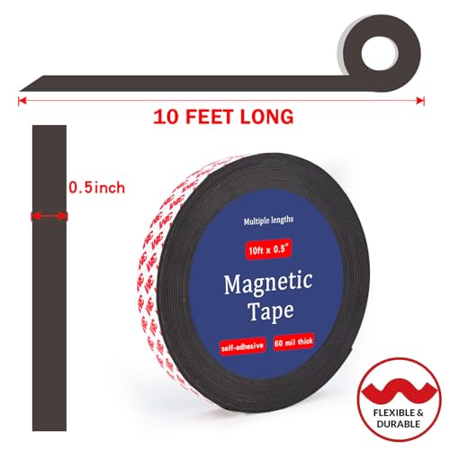 10 Feet x1/2 in Magnetic Tape Strips Roll with Adhesive Backing, Flexible Sticky Magnet Tape for Lightweight Craft DIY Projects, Whiteboards and Fridge Organization (0.06" Thick)