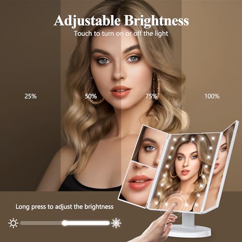 HUONUL Makeup Mirror, Vanity Mirror with Lights, 2X/3X/10X Magnification, Touch Control, Trifold, Dual Power Supply, Gifts for Women, Wife, Mom, Girls,Dorm Room Essentials